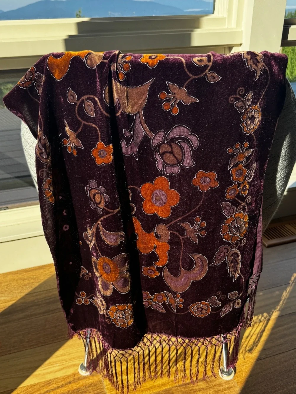 100% Silk Velvet Devoré Plum Floral Burnout Scarf/Evening Wrap with Fringe